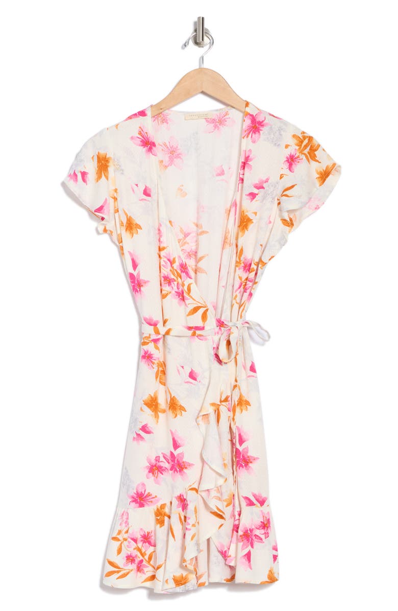 Lovestitch Floral Flutter Sleeve Wrap Dress, Alternate, color, Ivory/ Fuschia