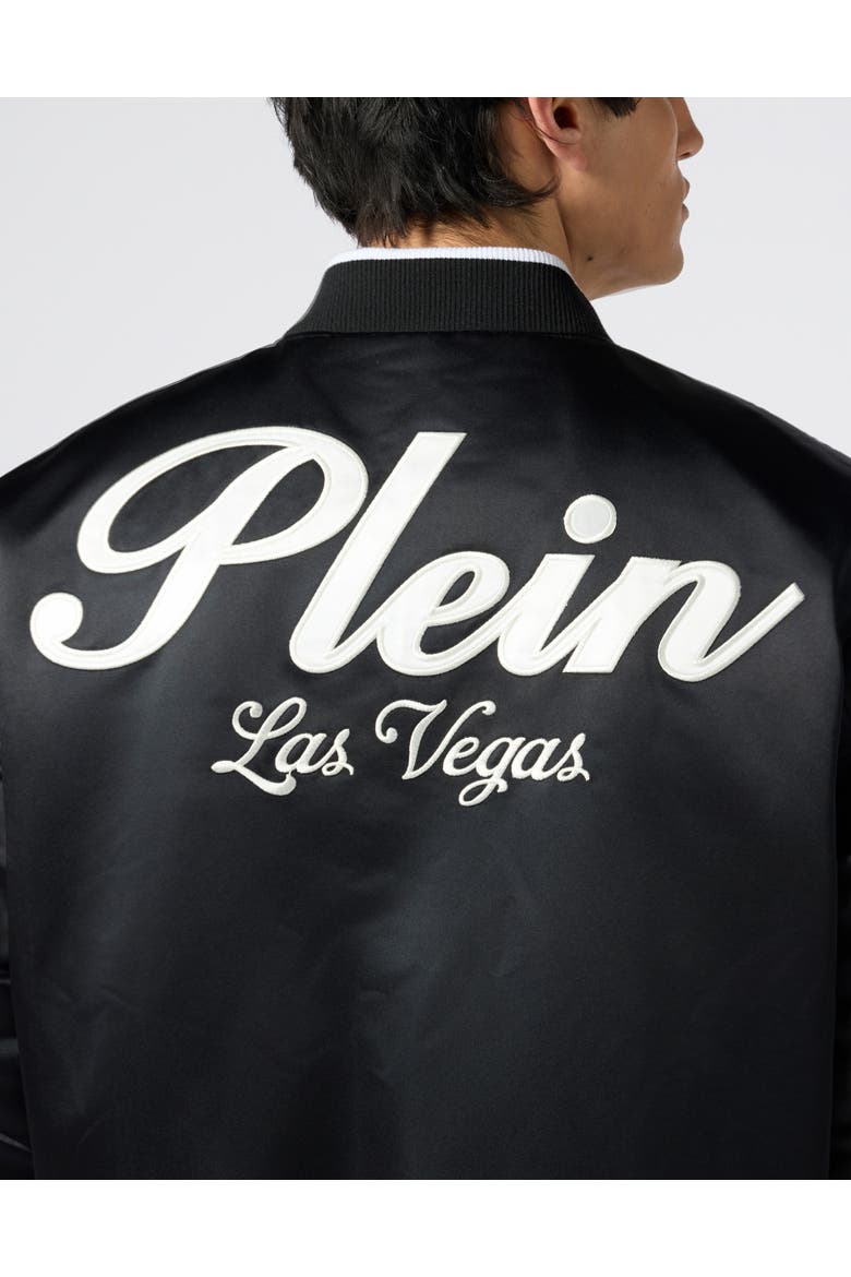 Shiny Satin Varsity Bomber Signature Las Vegas Men, Alternate, color, black