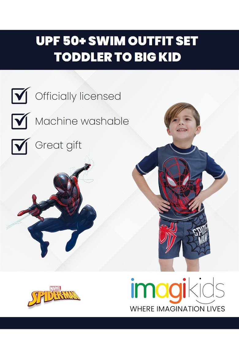 Spider-Man 2-Piece Rash Guard and Swim Trunks Set, Alternate, color, Miles Morales Grey