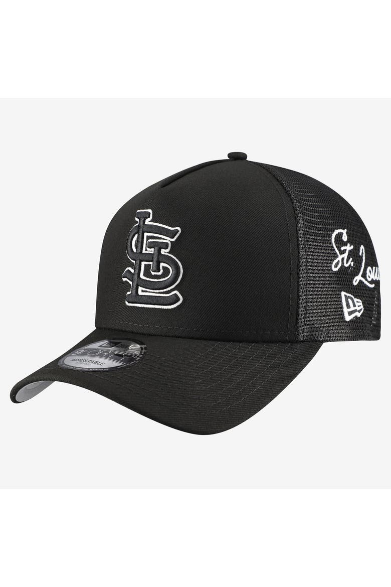 Men's New Era Black St. Louis Cardinals Side Script 9FORTY A-Frame Trucker Adjustable Hat, Main, color, Black