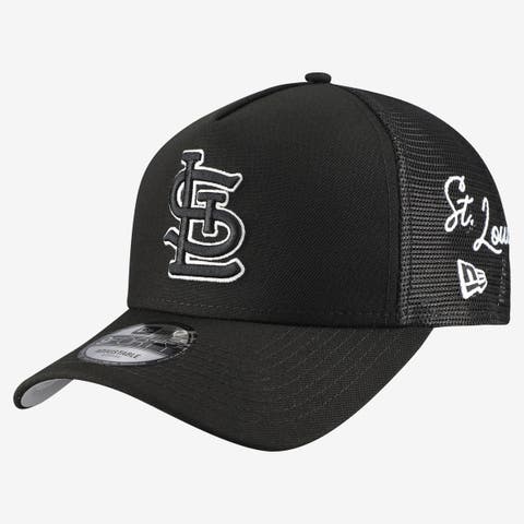 Men's New Era Black St. Louis Cardinals Side Script 9FORTY A-Frame Trucker Adjustable Hat