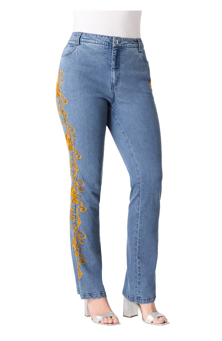 Roaman's Plus Size Whitney Jean with Invisible Stretch<sup>®</sup>, Main, color, Gold Swirl Embroidery