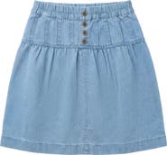 Pinky Promise Button Denim Elastic Waist Tiered Shirring Skirt