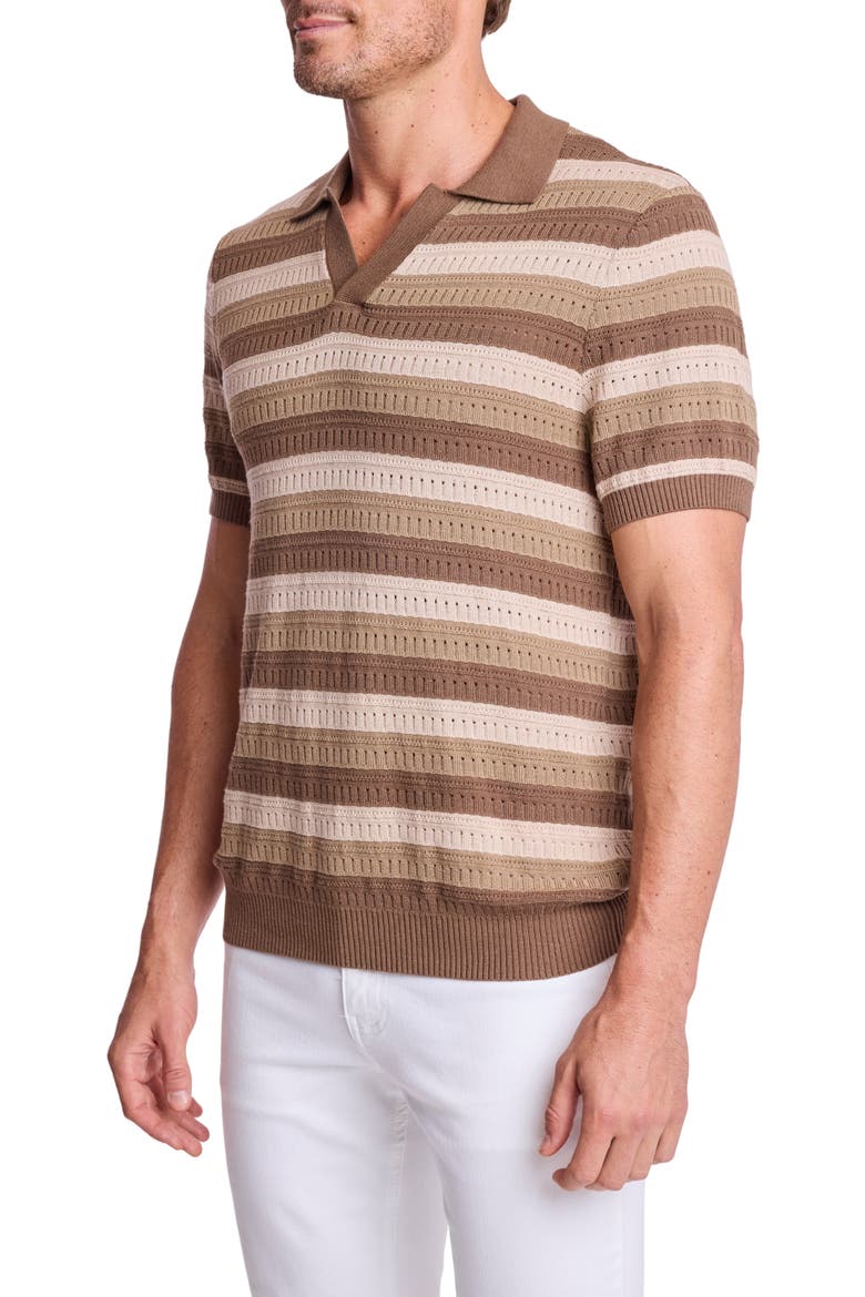 Trim Fit Johnny Collar Stripe Knit Polo, Alternate, color, MAPLE OATMEAL