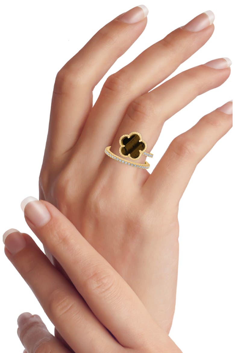 Shell Clover CZ Wrap Ring, Alternate, color, TIGER EYE/GOLD