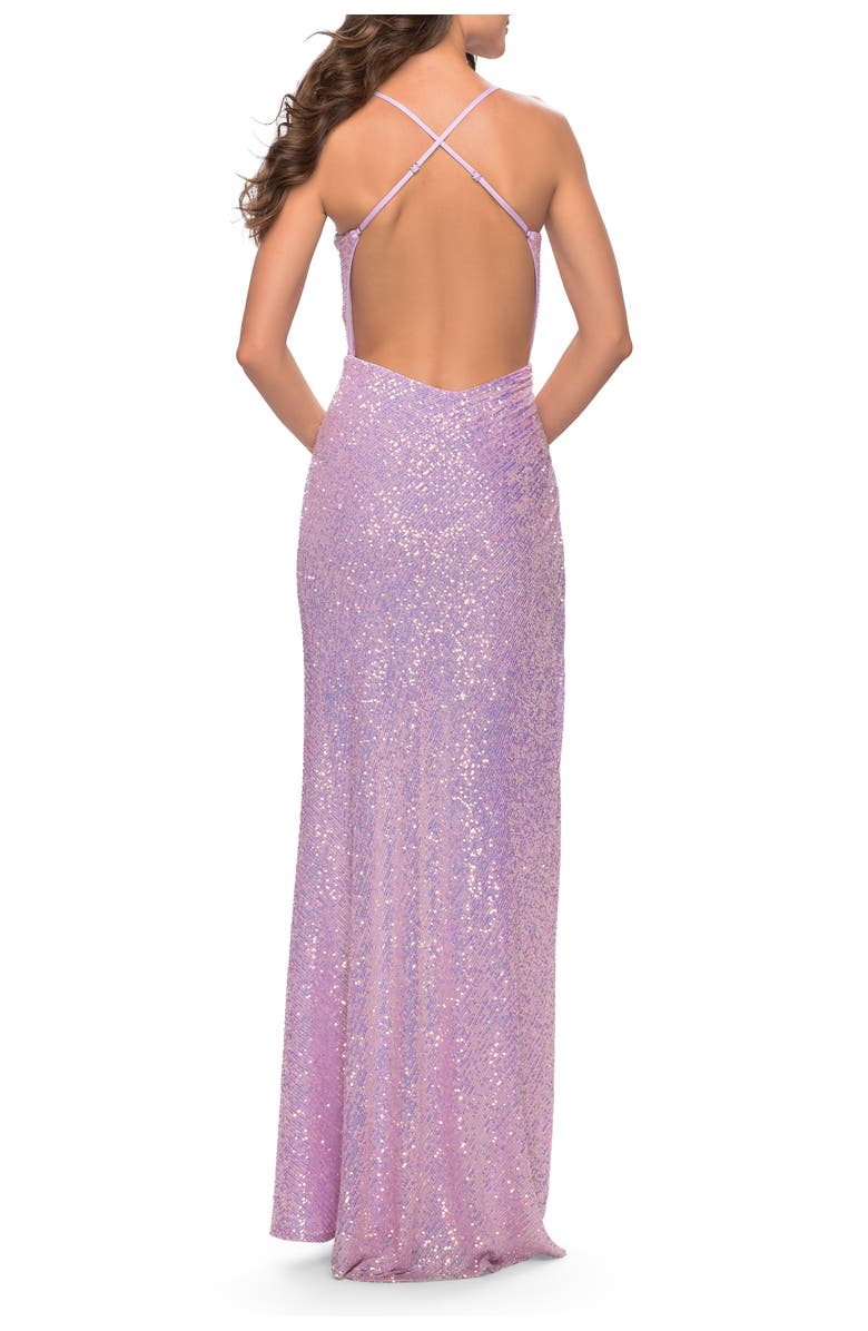 La Femme Ruched Sequin Prom Dress with High Side Slit, Alternate, color, Light Periwinkle