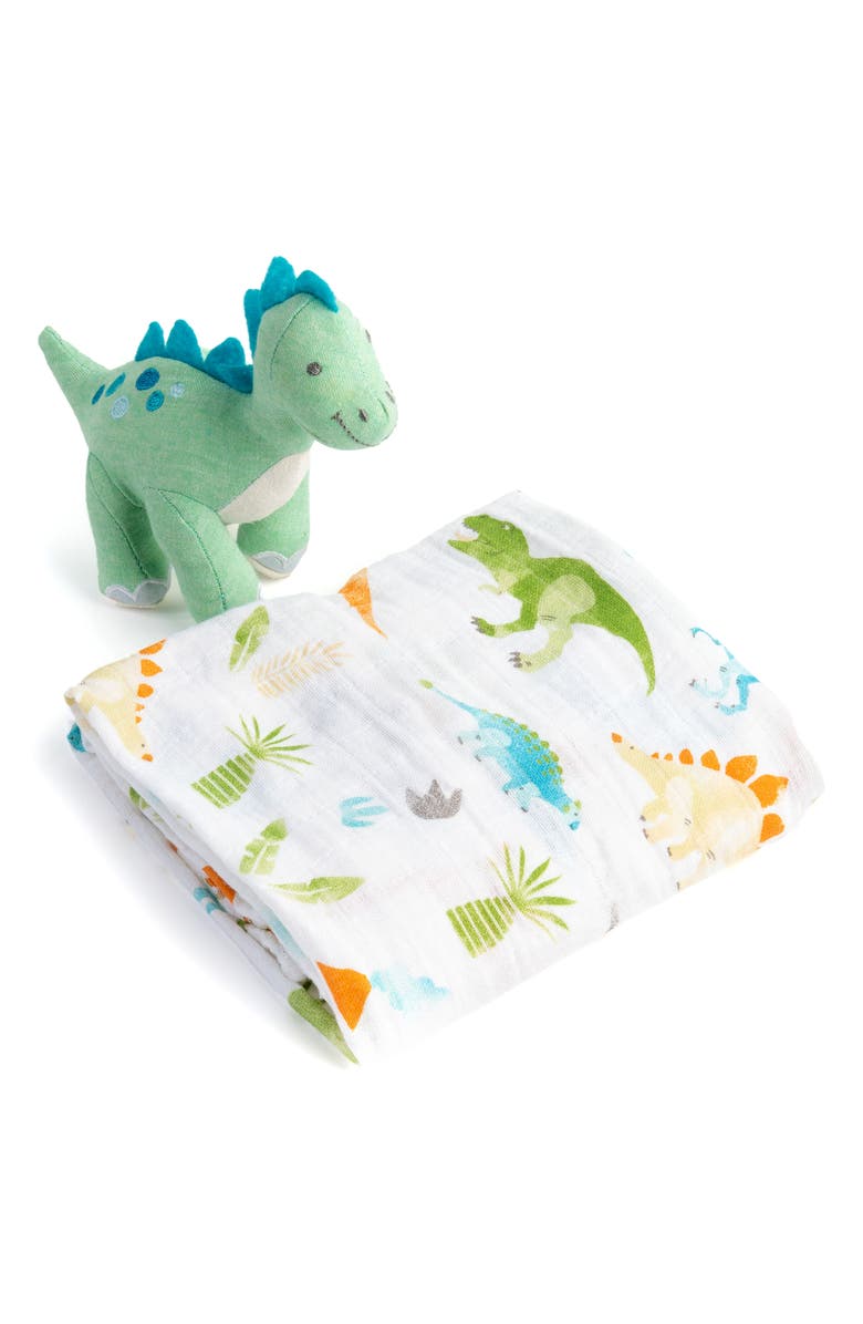 Stephen Joseph Cotton Muslin Swaddle Blanket & Stuffed Animal Gift Set, Main, color, Blue/ Green