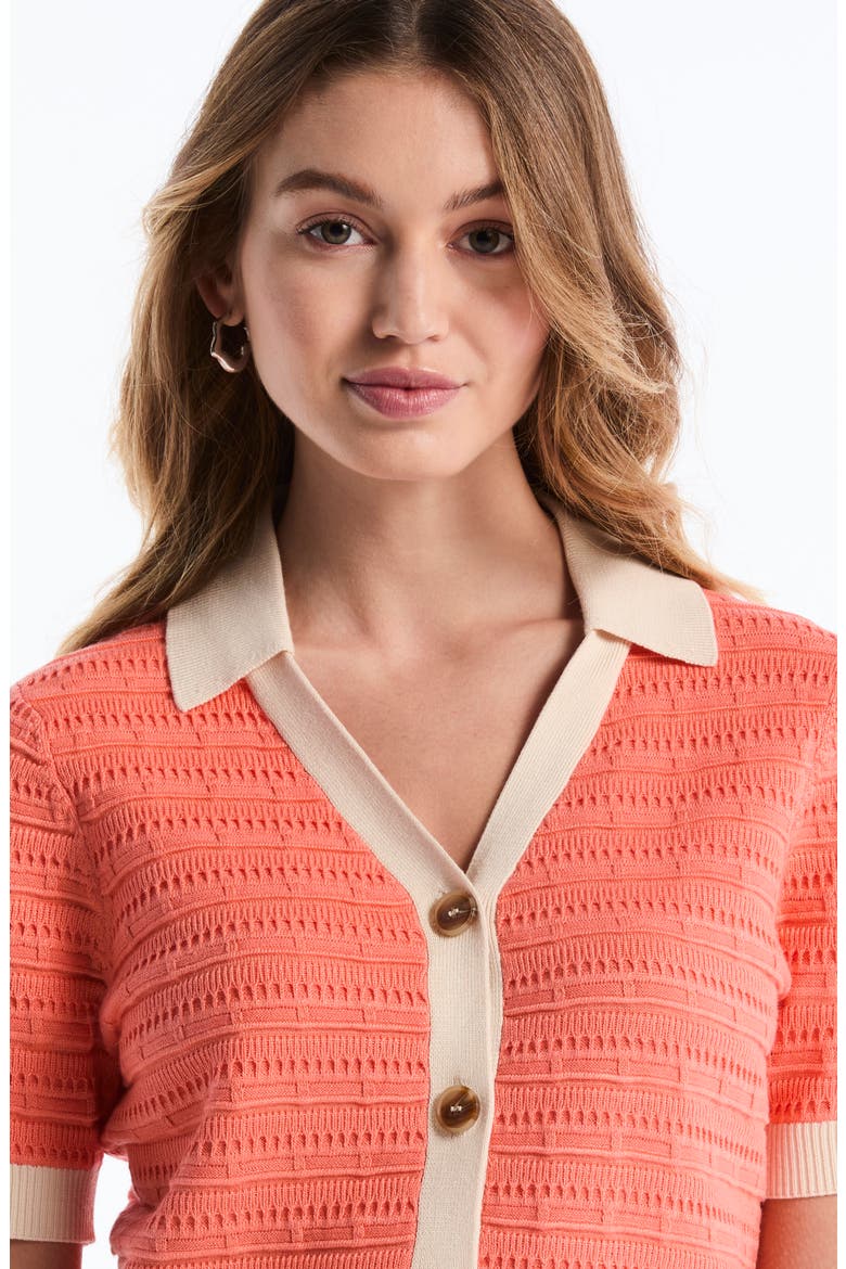 Textured Polo Cardigan, Alternate, color, FUSION CORAL