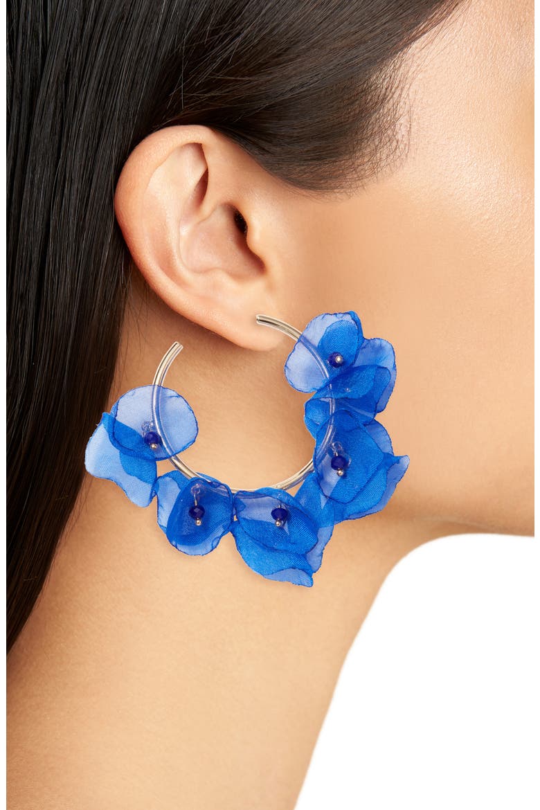 Chiffon Petal Hoop Earrings, Alternate, color, GOLD/ BLUE