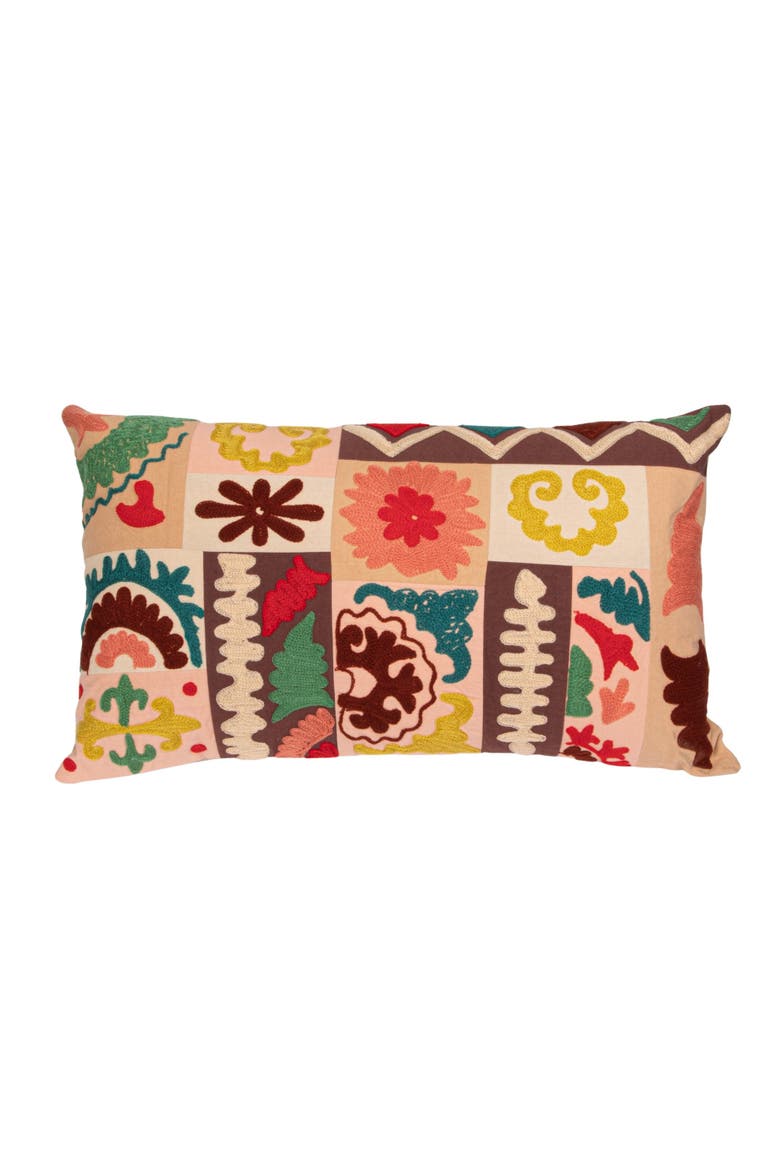 Cotton Embroidered Patchwork Lumbar Pillow with Chambray Back, Multicolor, Main, color, Orange