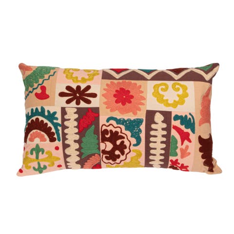 Cotton Embroidered Patchwork Lumbar Pillow with Chambray Back, Multicolor