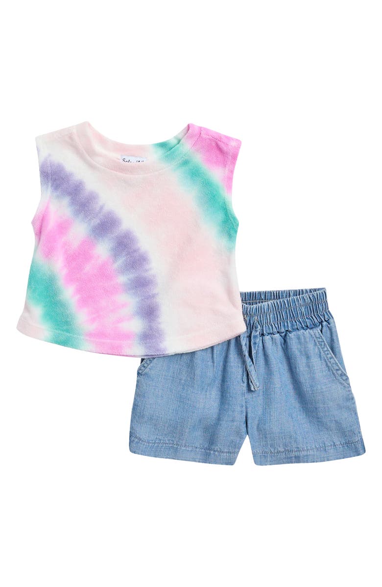 Splendid Daydream Tie Dye T-Shirt & Chambray Shorts Set, Main, color, Pink Tie Dye