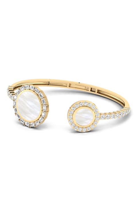 Mother of Pearl and Lab Diamond Hinged Cuff  in 14K Gold