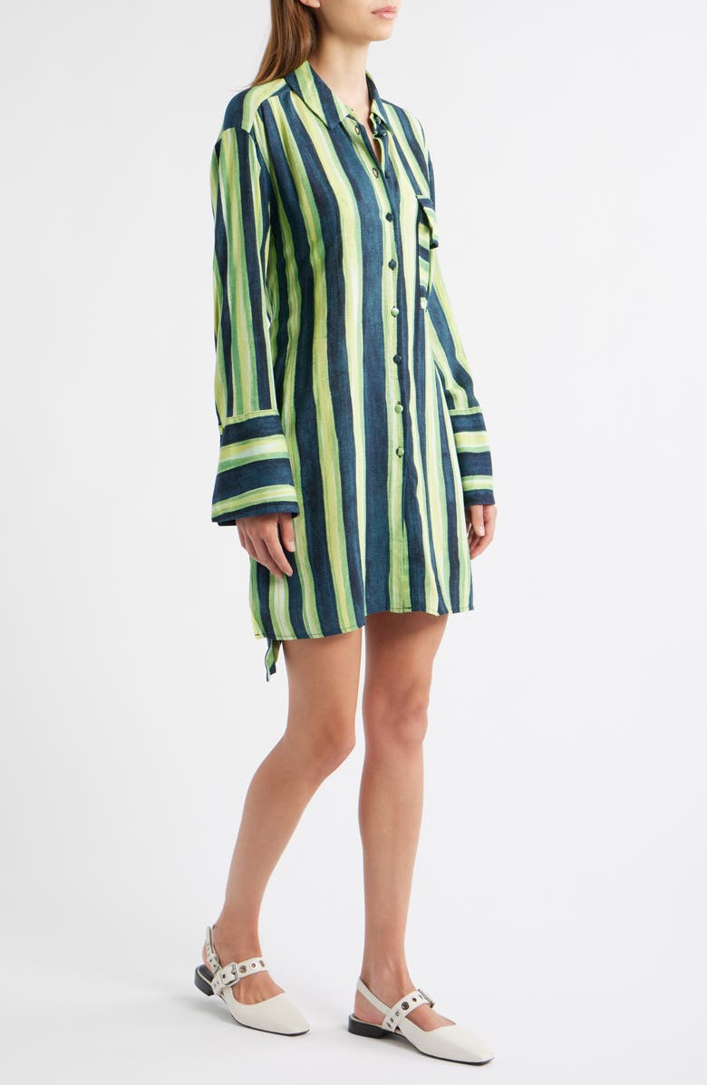 Topshop Stripe Tie Waist Long Sleeve Mini Shirtdress, Alternate, color, Medium Green