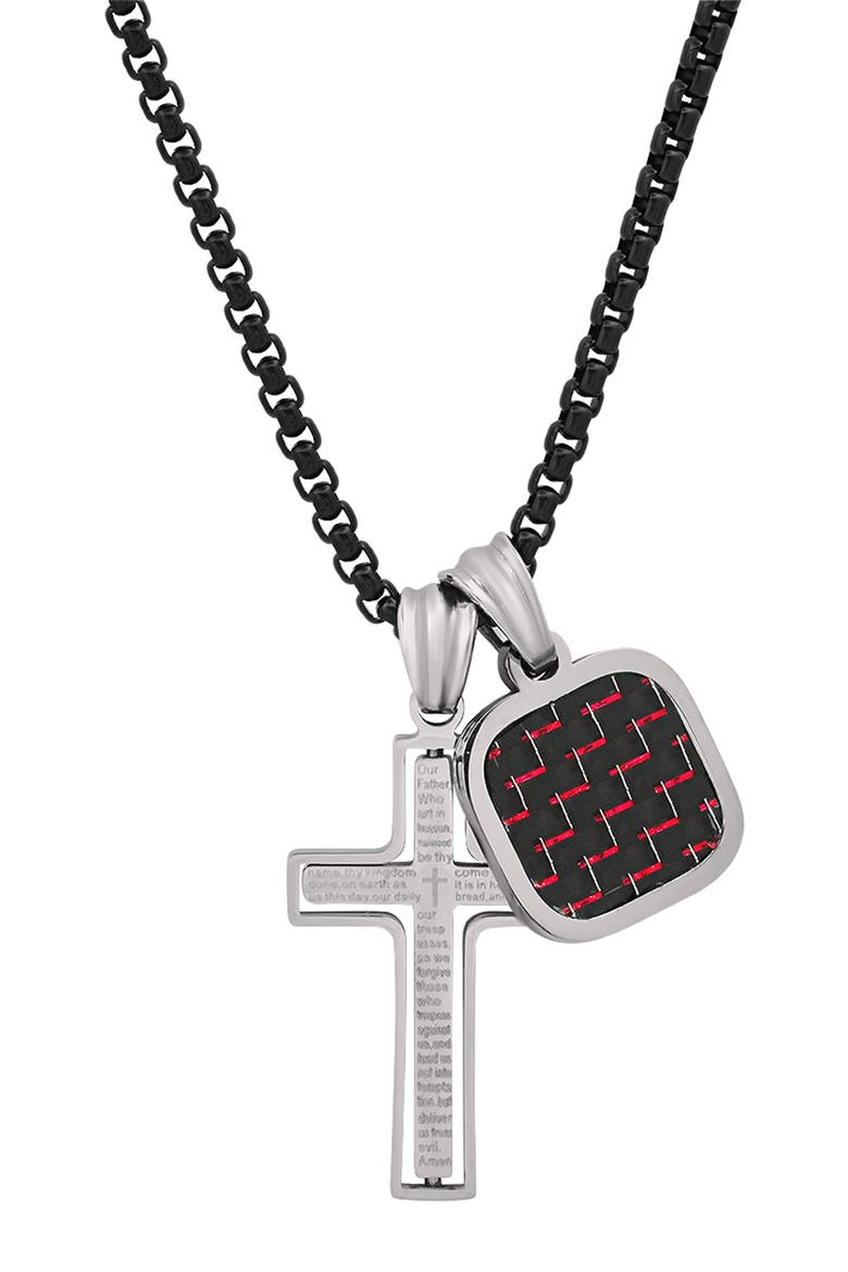 Stainless Steel Carbon Fiber Spinning Cross Pendant Necklace, Main, color, BLACK / RED / METALLIC