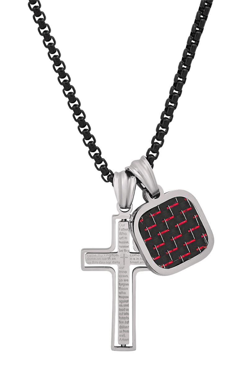 HMY JEWELRY Stainless Steel Carbon Fiber Spinning Cross Pendant Necklace, Main, color, Black / Red / Metallic