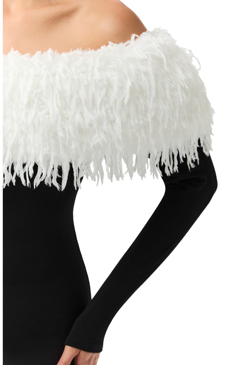 Butter Faux Feather Trim Off the Shoulder Long Sleeve Minidress, Alternate, color, BLACK / WHITE