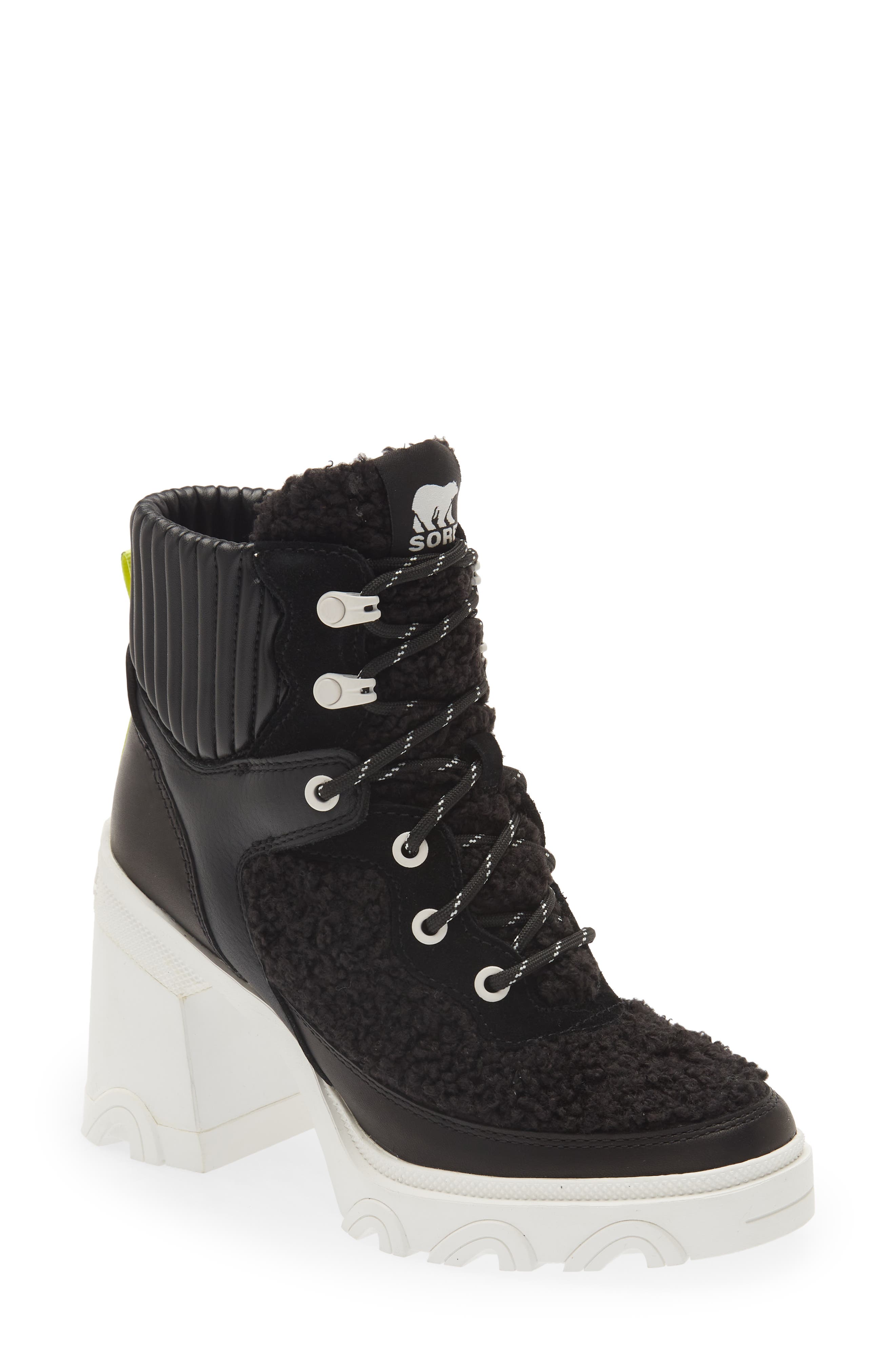 SOREL Brex<sup>™</sup> Leather & Faux Shearling Block Heel Lace-Up Bootie, Main, color, 