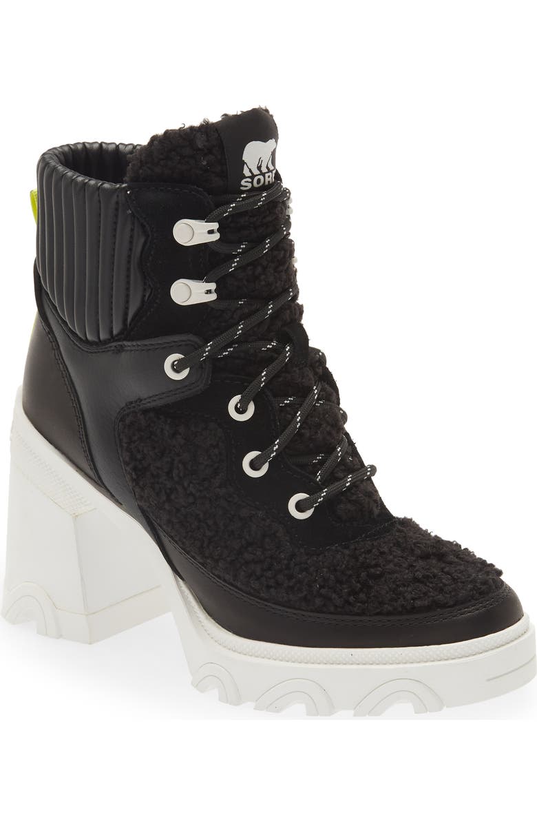 SOREL Brex<sup>™</sup> Leather & Faux Shearling Block Heel Lace-Up Bootie, Main, color,