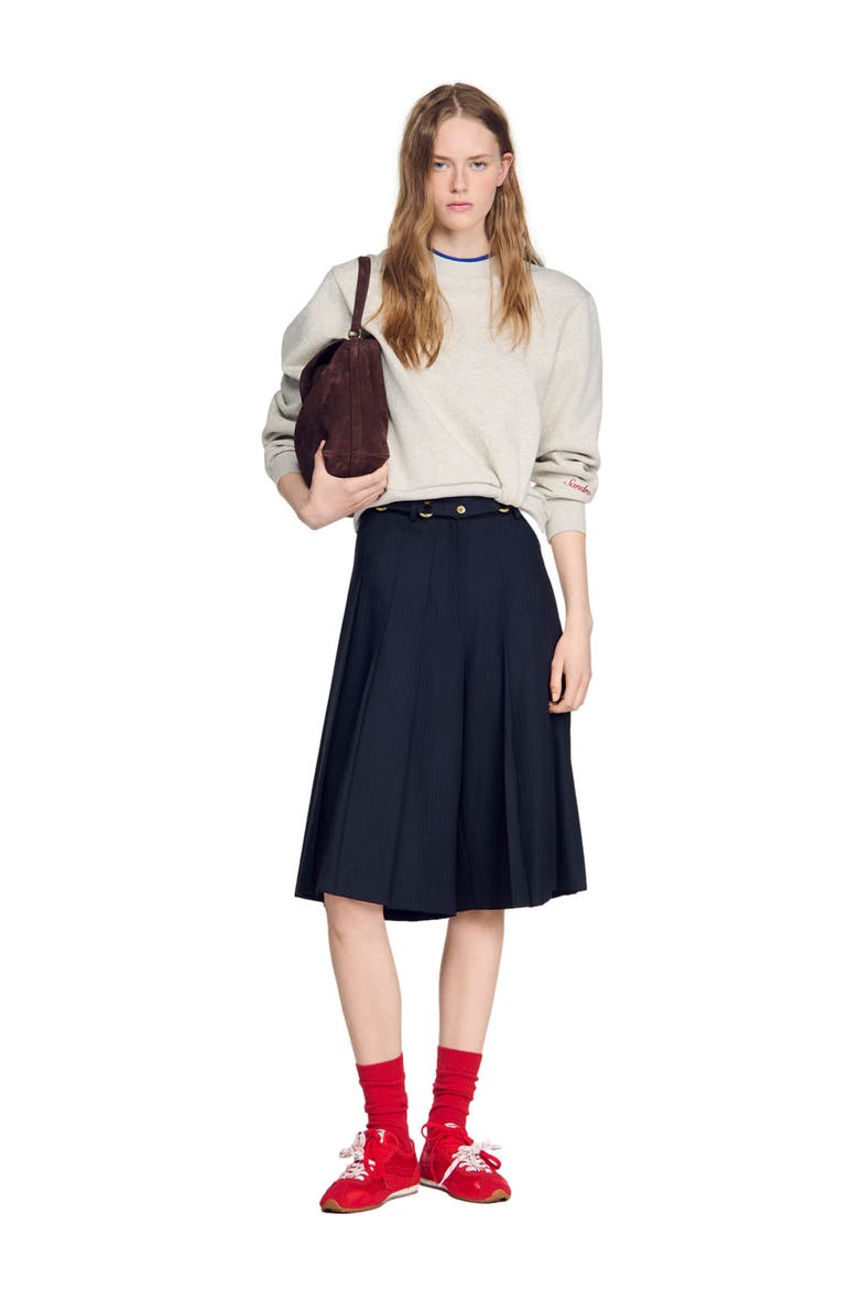 Long pleated wool shorts, Alternate, color, Navy blue