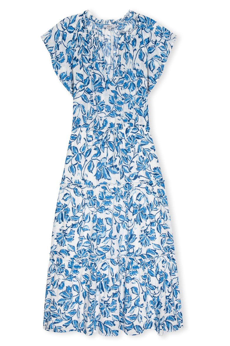 Juni Floral Tie Waist Linen Blend Midi Dress, Alternate, color, AZURE JASMINE