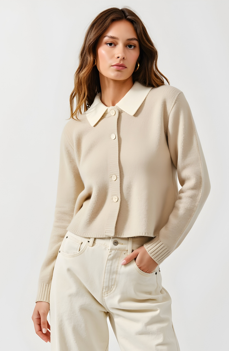 Modenaire Knit Cardigan with Contrast Collar, Alternate, color, Beige / Ivory