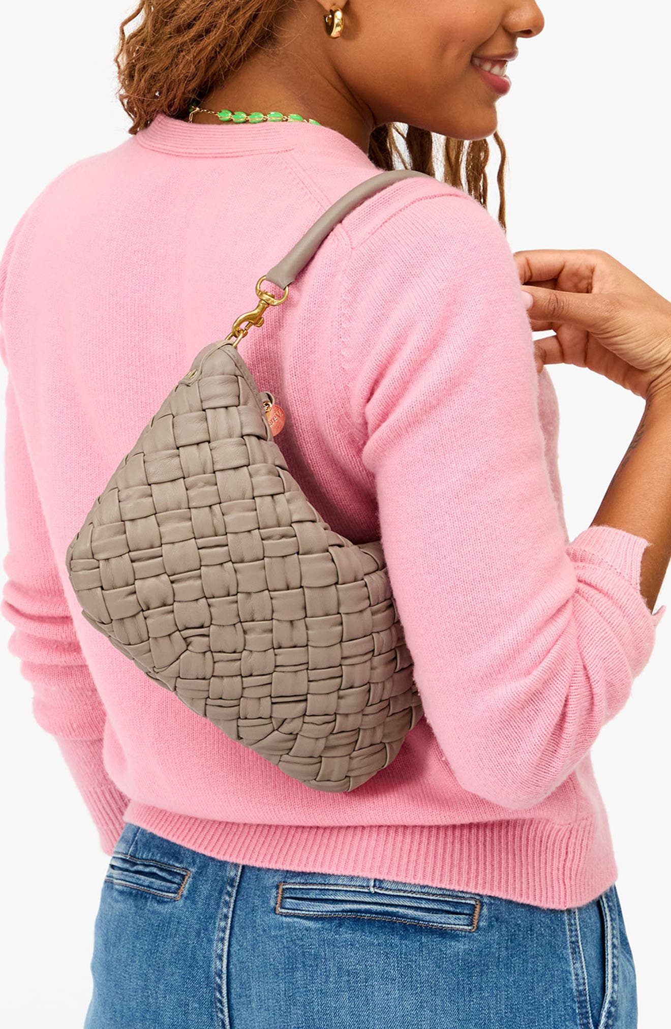 Clare V. Petit Moyen Woven Leather Messenger Bag, Alternate, color, Dove Grey