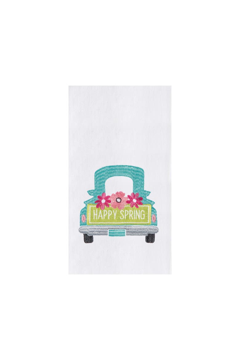 "Happy Spring" Pickup Truck Easter Spring Theme Flour Sack Kitchen Dishtowel, Main, color, White