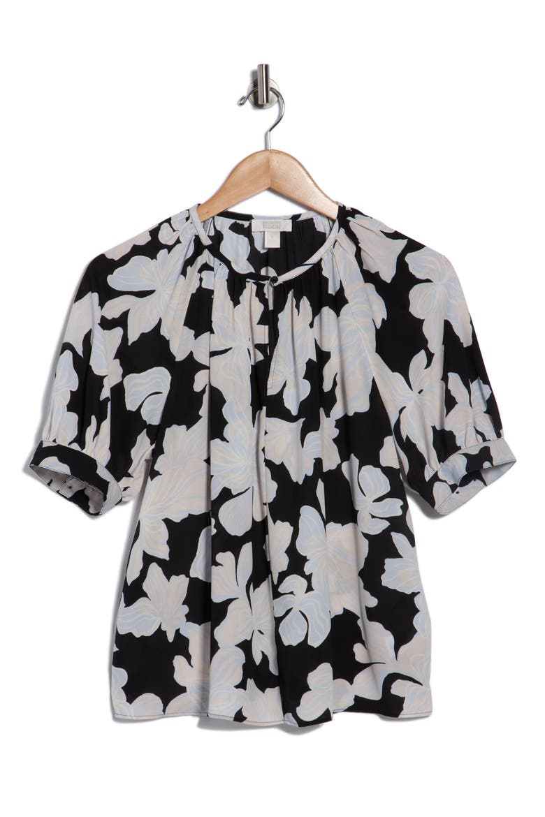 Gathered Neck Puff Sleeve Top, Alternate, color, BLACK- BLUE CHLOE ABSTRACT