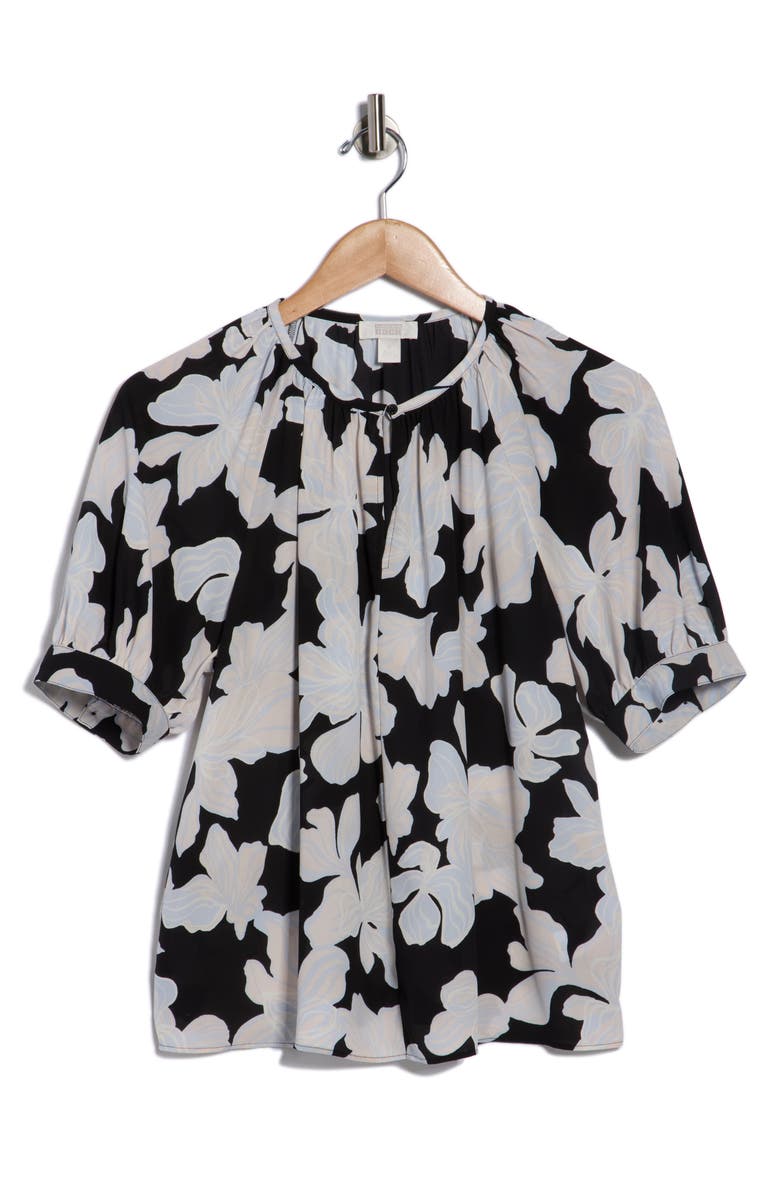 NORDSTROM RACK Gathered Neck Puff Sleeve Top, Alternate, color, Black- Blue Chloe Abstract