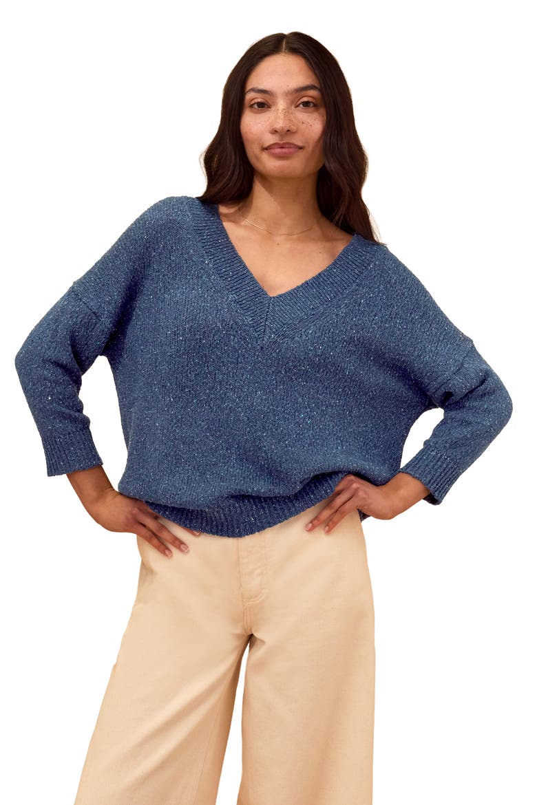 Cotton Blend Flecked V-Neck Sweater, Main, color, Mid Blue