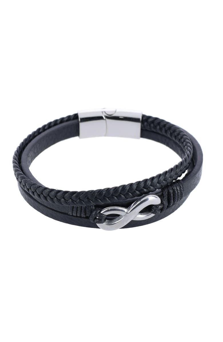 Trafalgar Loose Fit Infinity 3 Band Secure Clasp Leather Bracelet, Main, color, Silver