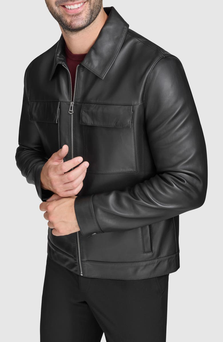 Cole Haan Leather Zip Shirt Jacket, Alternate, color, Black