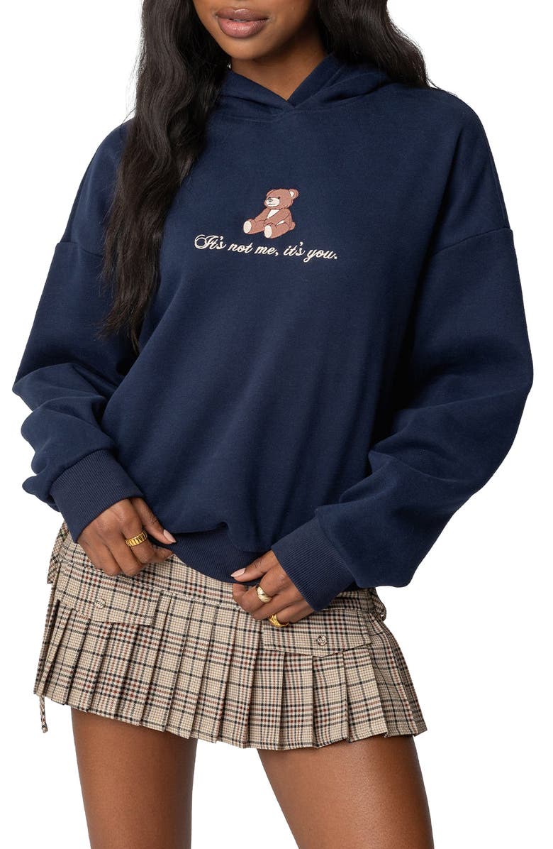 EDIKTED Teddy Bear Embroidered Graphic Hoodie, Main, color, Navy