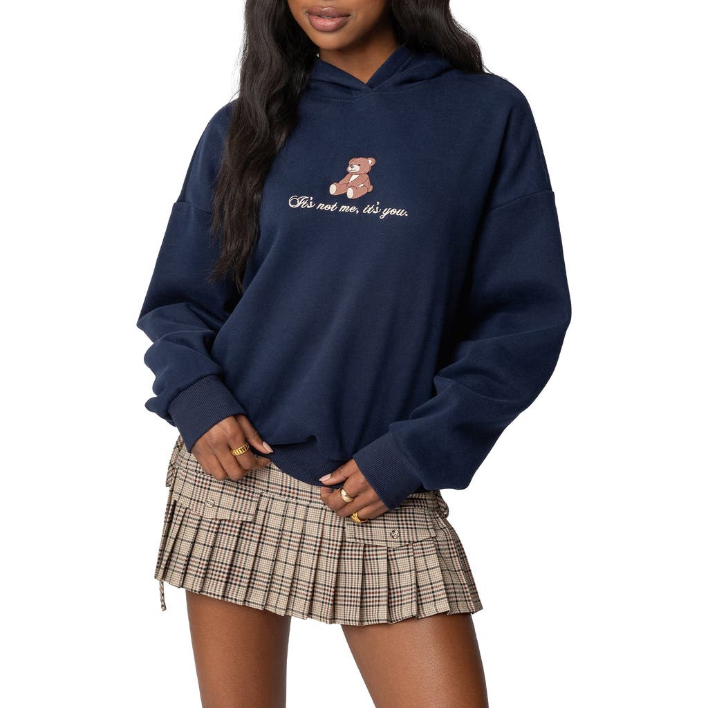 Edikted Teddy Bear Embroidered Graphic Hoodie In Navy