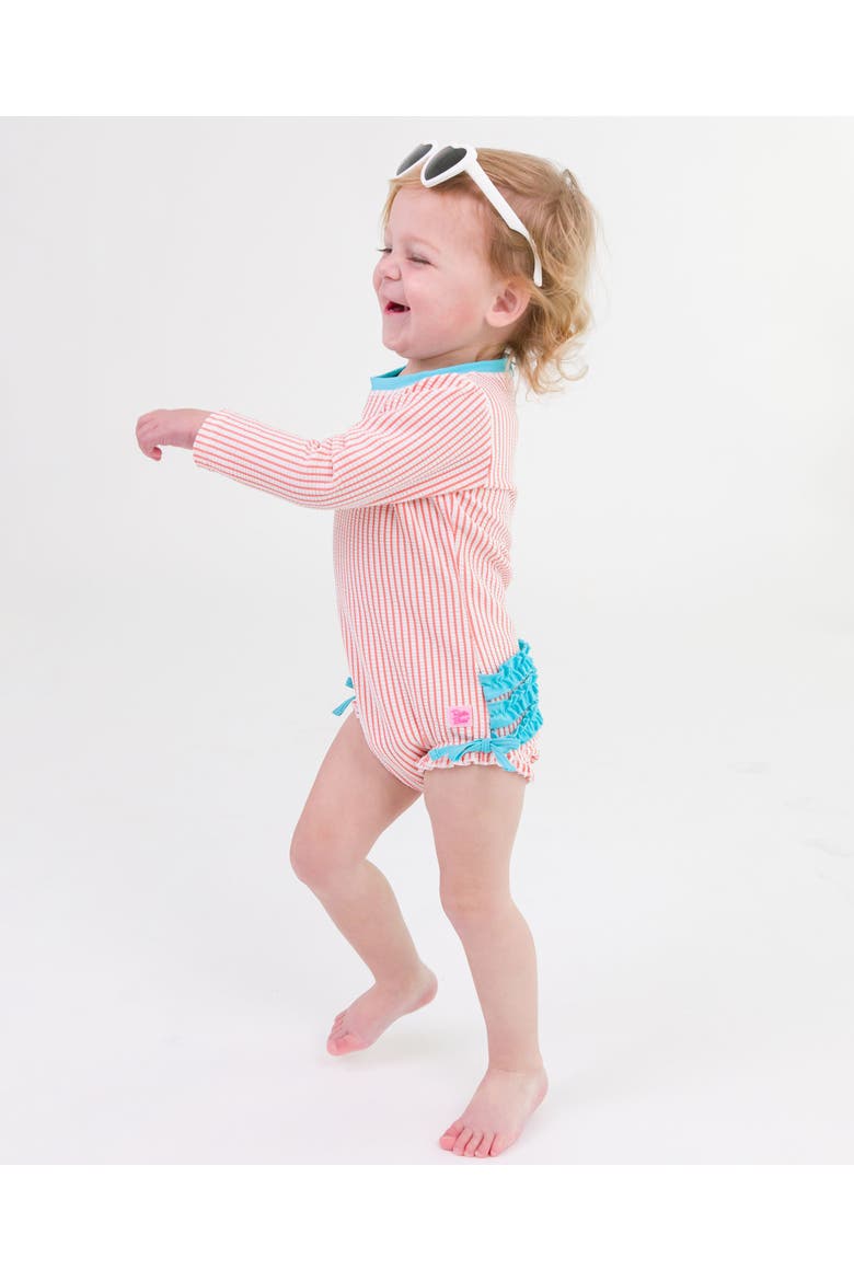 Girls Seersucker Long Sleeve UPF50+ One Piece Rash Guard, Alternate, color, Coral Seersucker