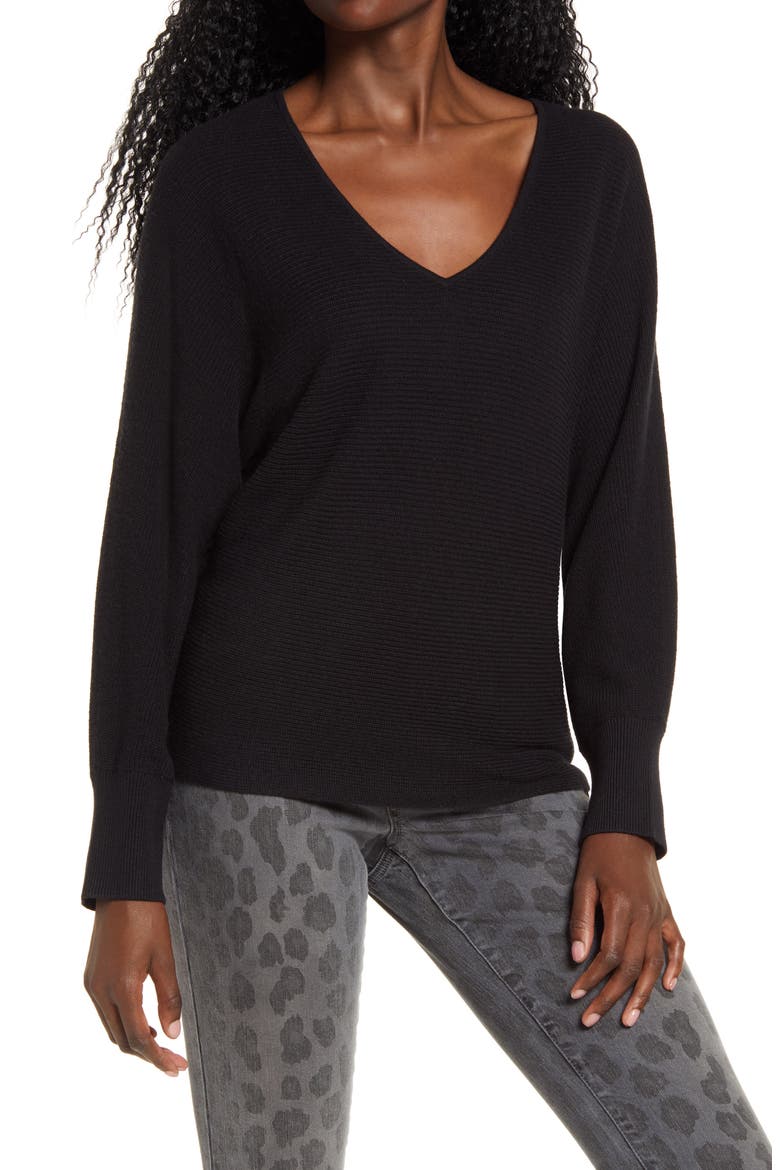 Dolman Sleeve V-Neck Sweater, Main, color, BLACK