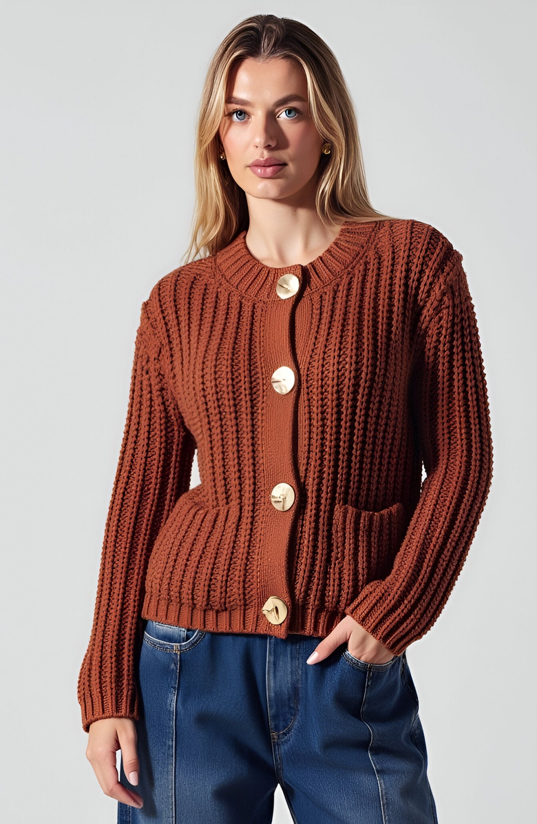 Modenaire Chunky Ribbed Gold-Button Patch-Pocket Cardigan, Alternate, color, Rust