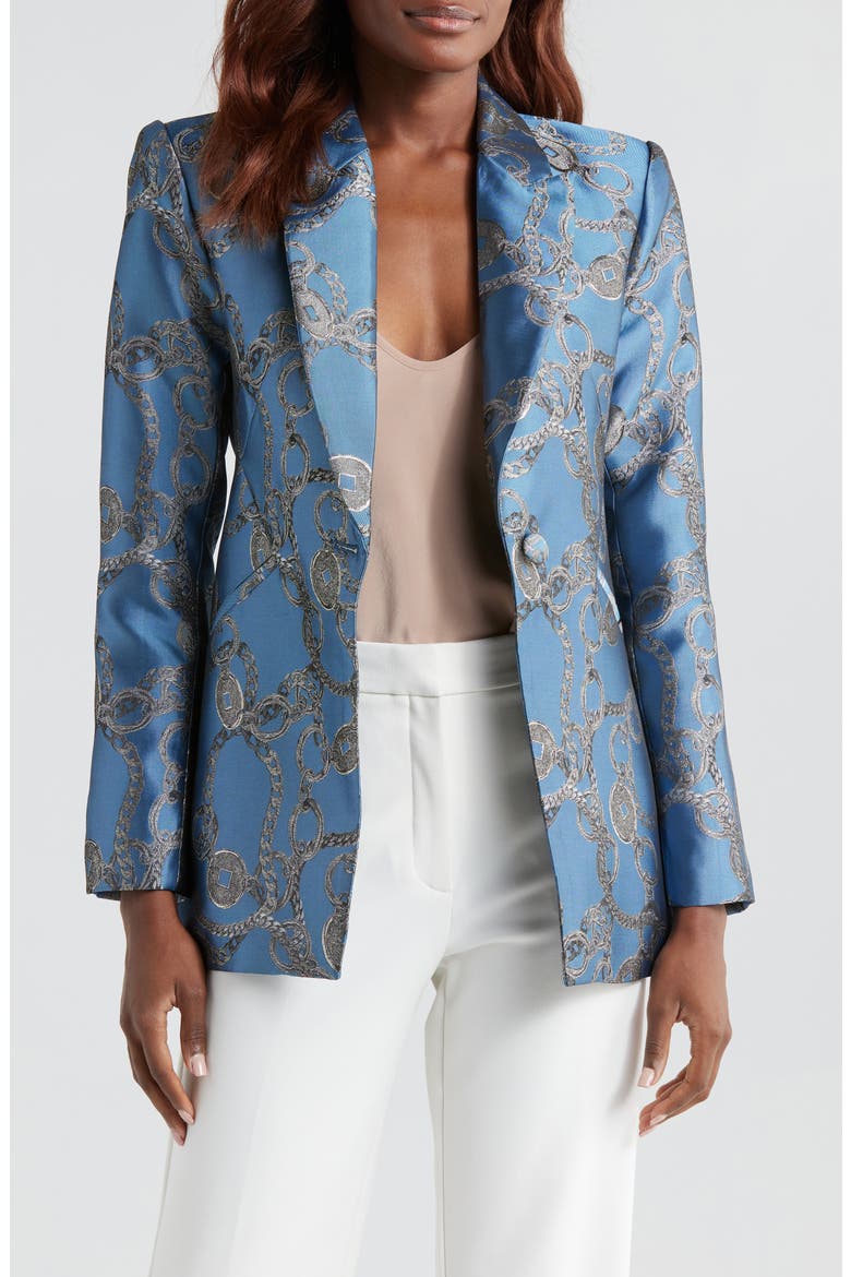 Sheila Structured Satin Blazer, Main, color, BLUE HORIZON/ SILVER GOOD LUCK