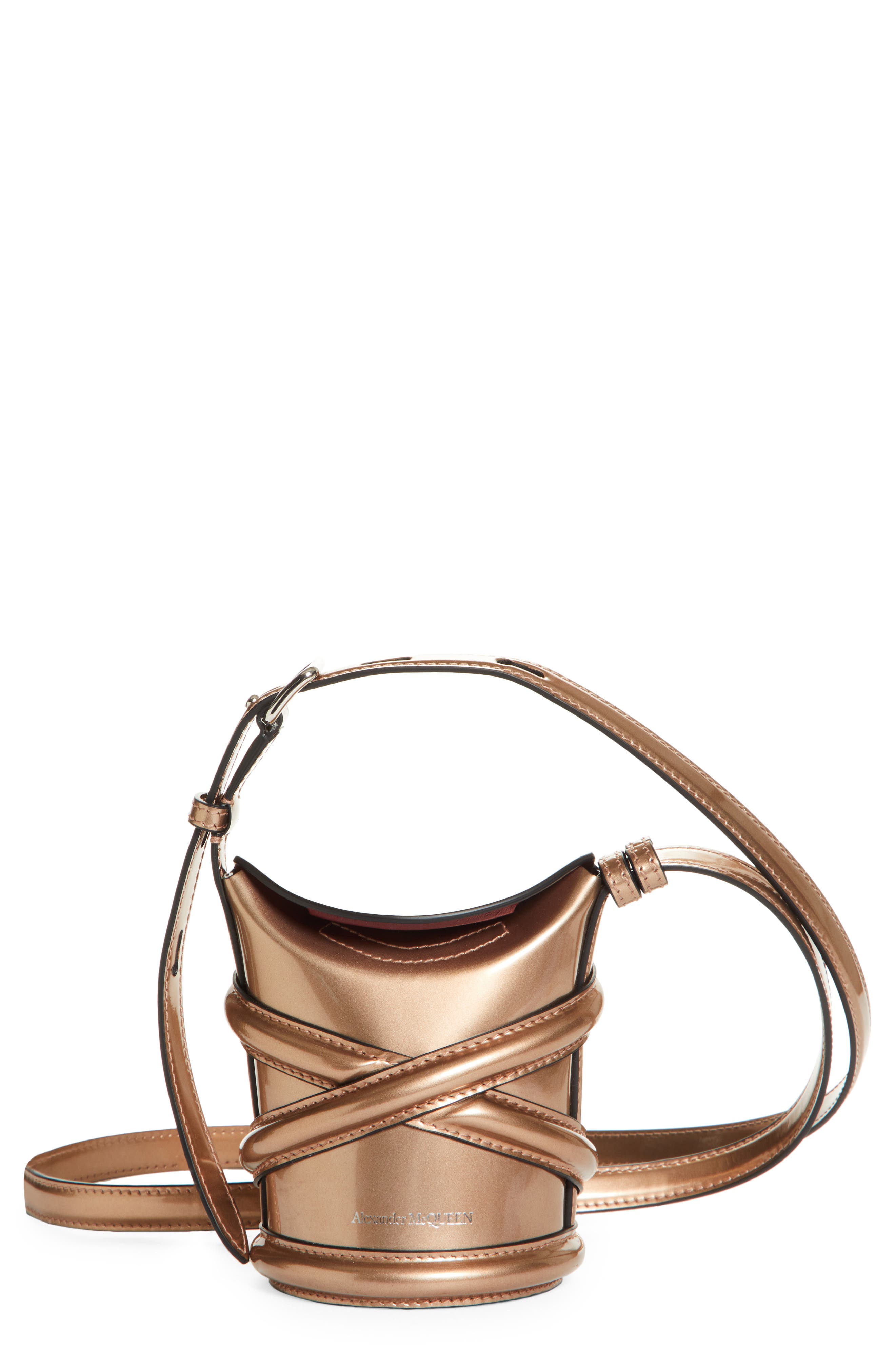 Alexander McQueen Micro The Curve Metallic Leather Crossbody Bag, Main, color, ROSE GOLD
