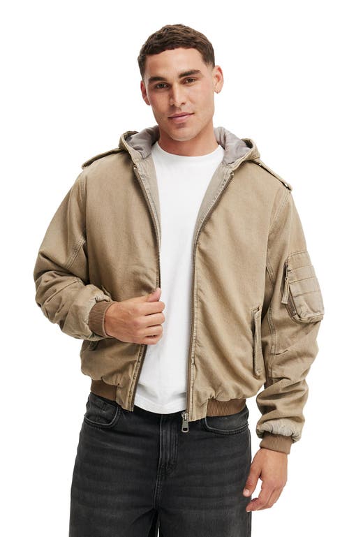 Cotton On Men's Denim Hooded Bomber Jacket in Desert Brown 