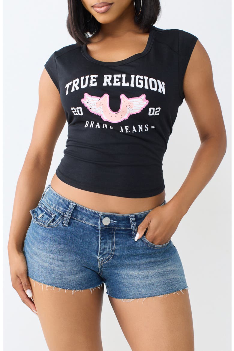 Distressed Logo Scoop Neck Graphic T-Shirt, Main, color, JET BLACK