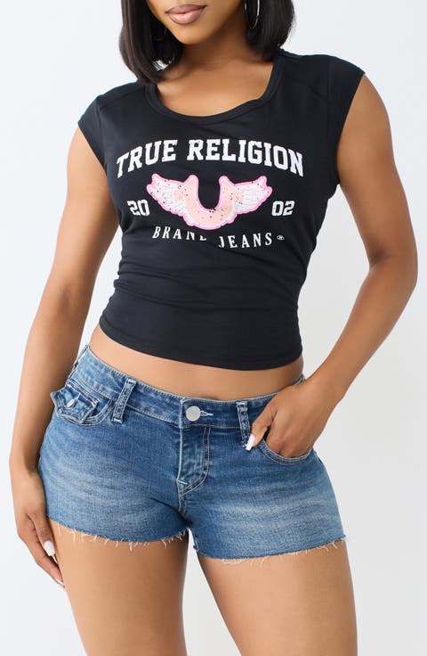 Distressed Logo Scoop Neck Graphic T-Shirt