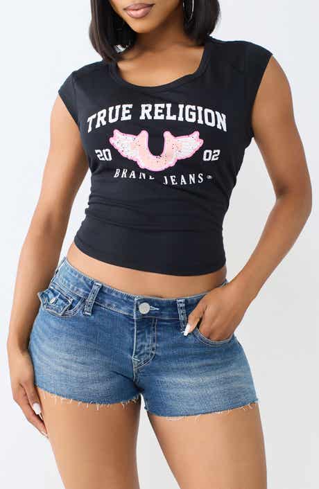 Distressed Logo Scoop Neck Graphic T-Shirt