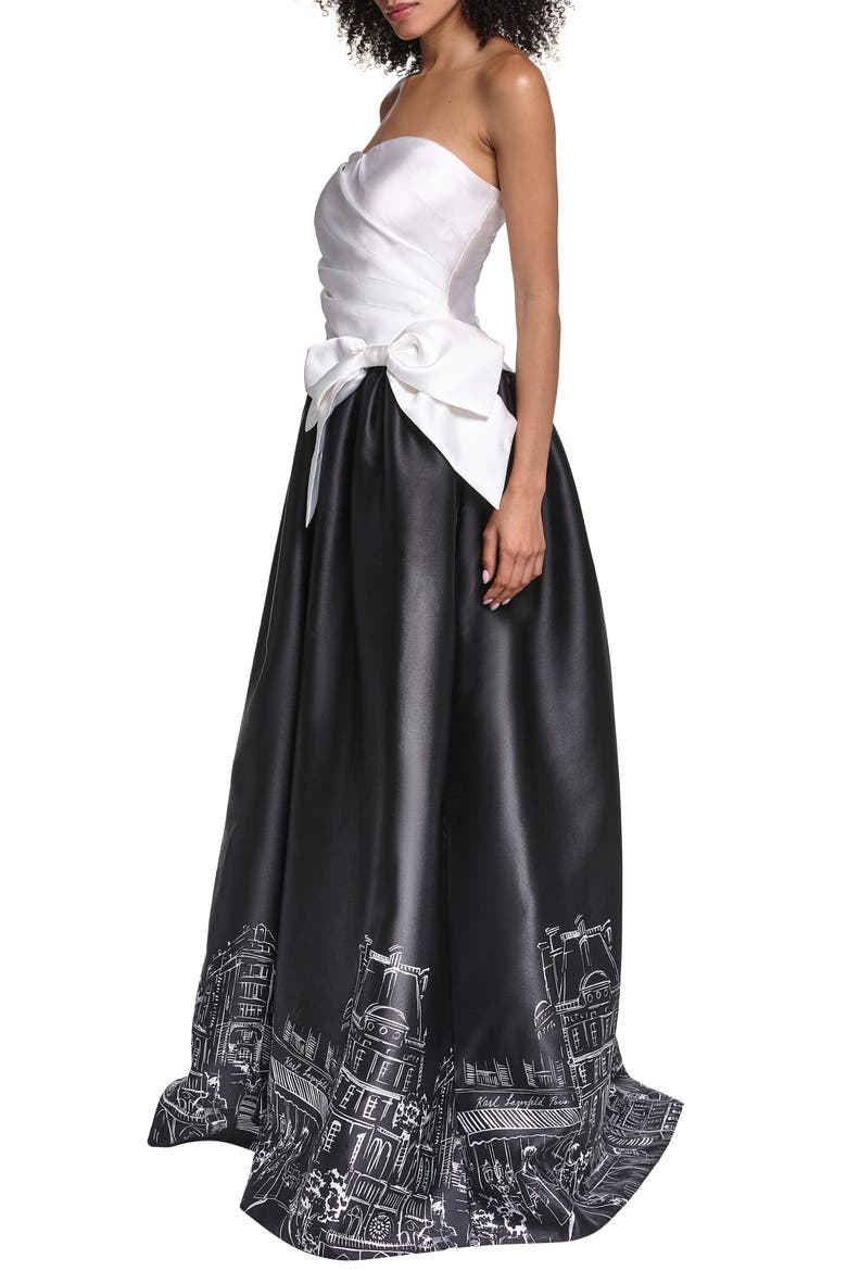 Paris Graphic Strapless Satin Gown, Alternate, color, SOFT WHITE BLACK