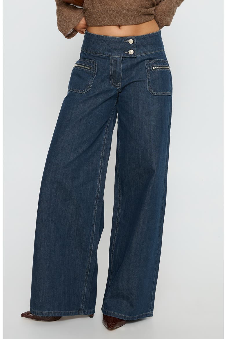 Unwritten Mid Rise Wide Leg Jeans, Main, color, DARK BLUE WASH