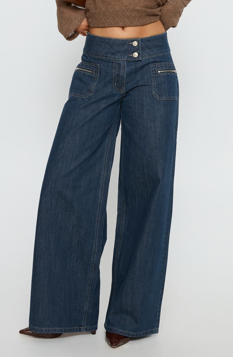 Princess Polly Unwritten Mid Rise Wide Leg Jeans, Main, color, Dark Blue Wash