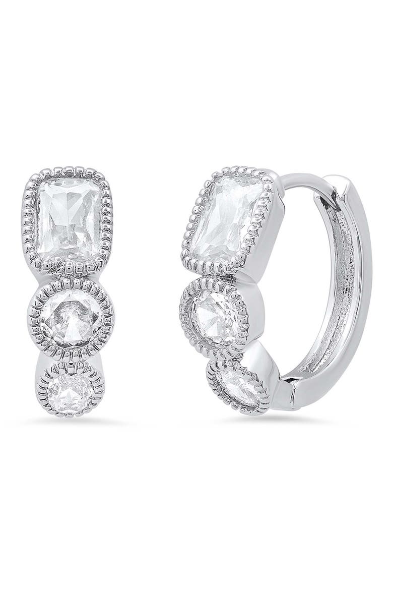 18k White Gold Plated Crystal Huggie Hoop Earrings, Main, color, SILVER