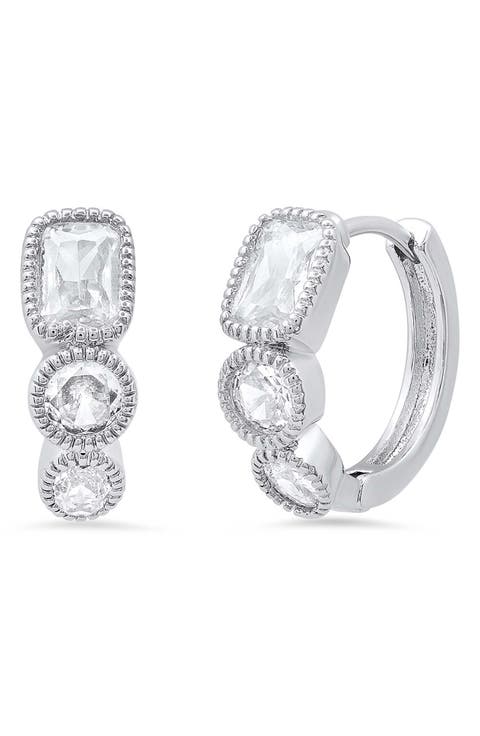 18k White Gold Plated Crystal Huggie Hoop Earrings