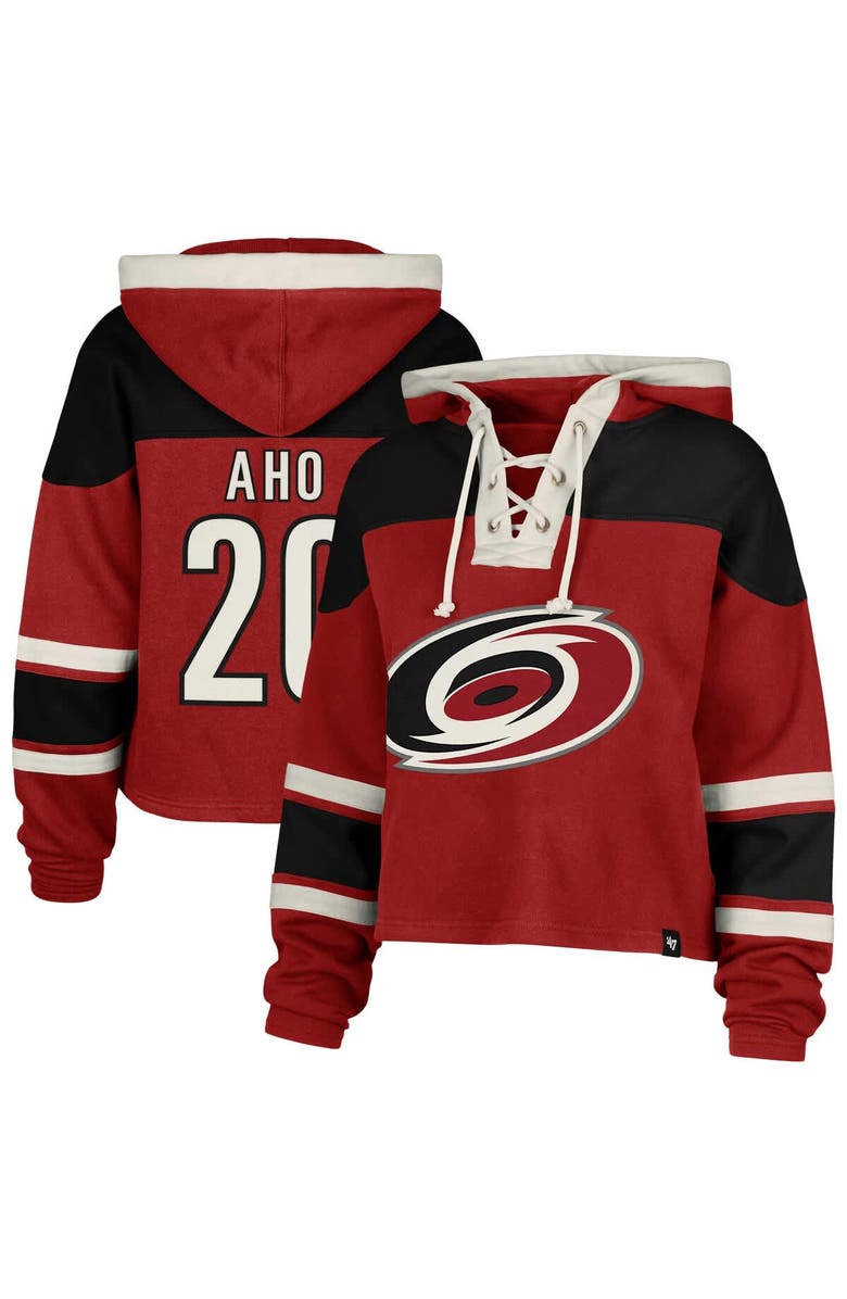 '47 Women's '47 Sebastian Aho Red Carolina Hurricanes Superior Lacer Cropped Pullover Hoodie, Main, color, Red